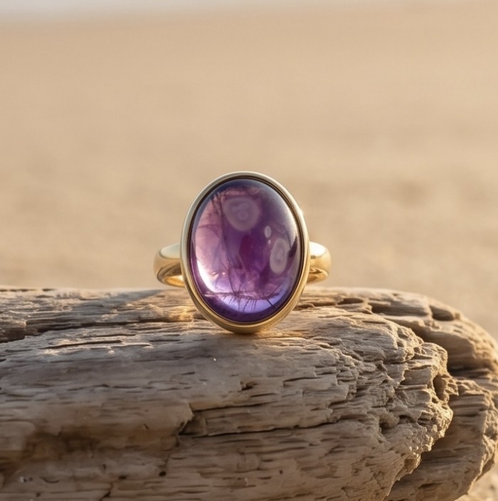 Peace 15.5 carat natural Amethyst 18K Gold over .925 Sterling Silver Handcrafted Ring size 8 adjustable - photo 4