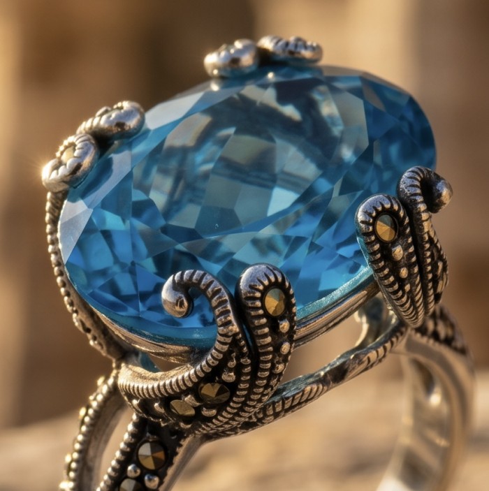 Mesmerizing 22.8 carat Aquamarine rhodium over .925 Sterling Silver handcrafted Large ring size 8 - Close-up of aquamarine ring with ornate rhodium sterling silver setting