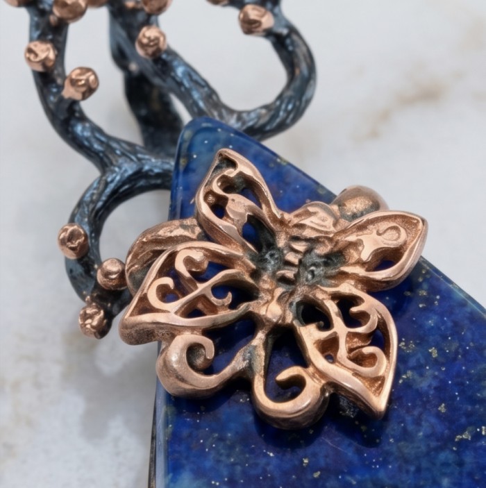 Magic Aurora Lapis Lazuli 14K Rose Gold .925 Sterling Silver handcrafted Pendant - Close-up of Magic Aurora Lapis Lazuli with butterfly detail in rose gold.