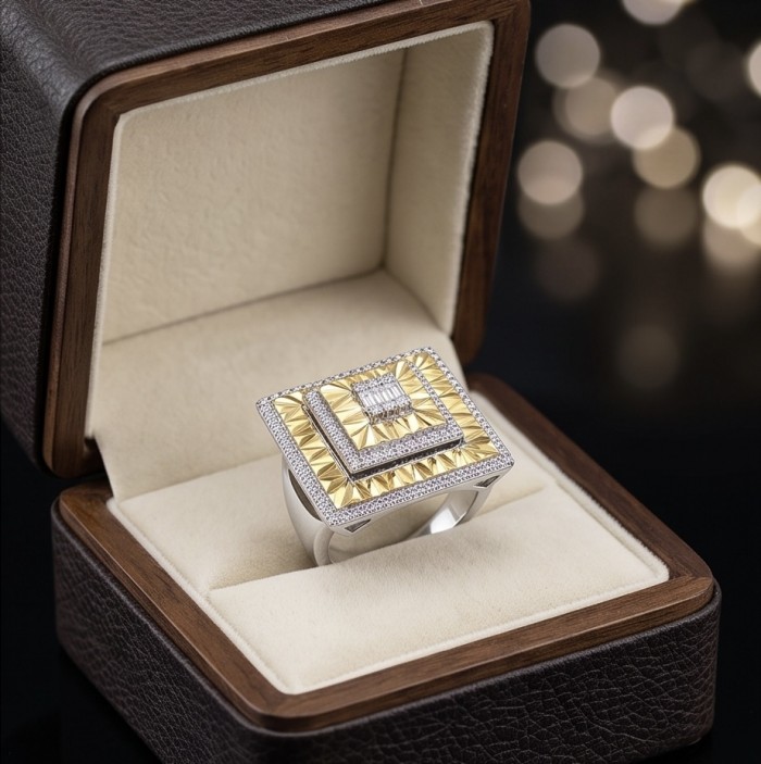 Art Deco 2.2 carat White Topaz 14K Gold over .925 Silver handcrafted Cocktail Ring s. 7 1/4 - Art Deco ring in open box, top view, 2.2 carat white topaz, gold accents