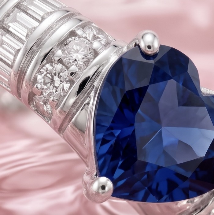 Love is Forever HEART cut 1.8 carat Sapphire .925 Sterling Silver handcrafted Cocktail Ring s. 8 - Sapphire heart close-up with diamond accents on sterling silver band.