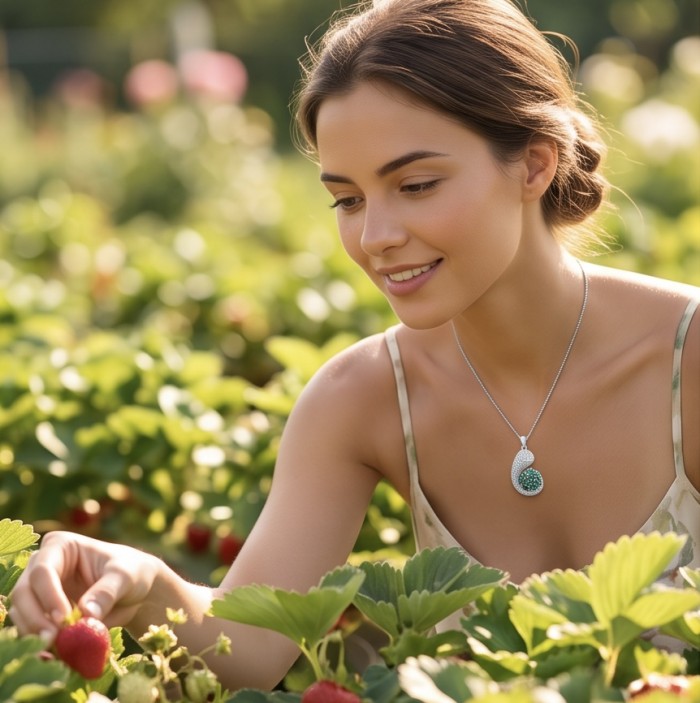 Heirloom Genuine 8.5 carat Emerald .925 Sterling Silver dipped in rhodium handmade Pendant - Woman picking strawberries wearing Heirloom emerald pendant.