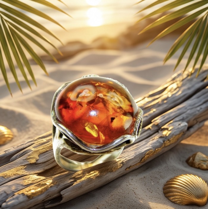 Serenity Natural GOLDEN Baltic Amber .925 Sterling Silver handmade Large Statement Ring size 7 - Close-up of Serenity Natural GOLDEN Baltic Amber ring on driftwood.
