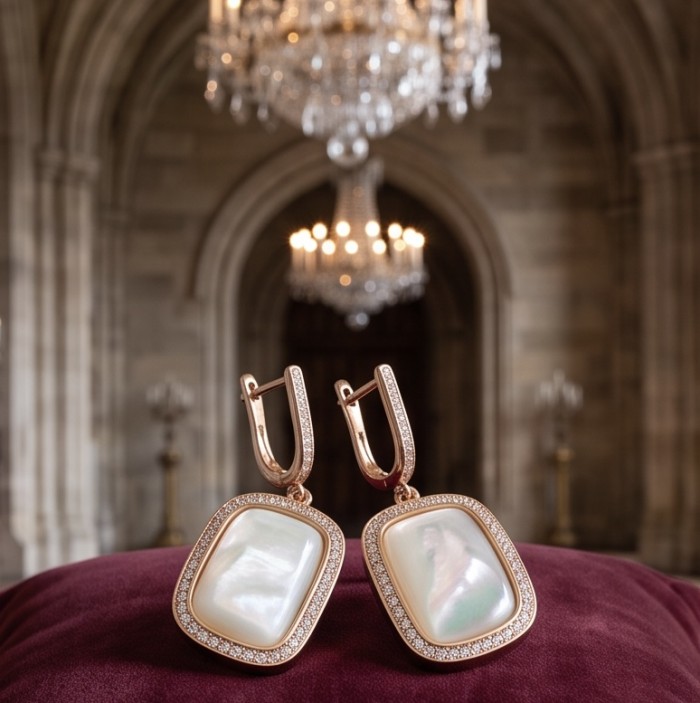 Genuine Blister Pearl lab grown Diamond 18K Rose Gold over .925 Sterling Silver handcrafted Statement Earrings - Earrings front view on cushion, chandelier in background