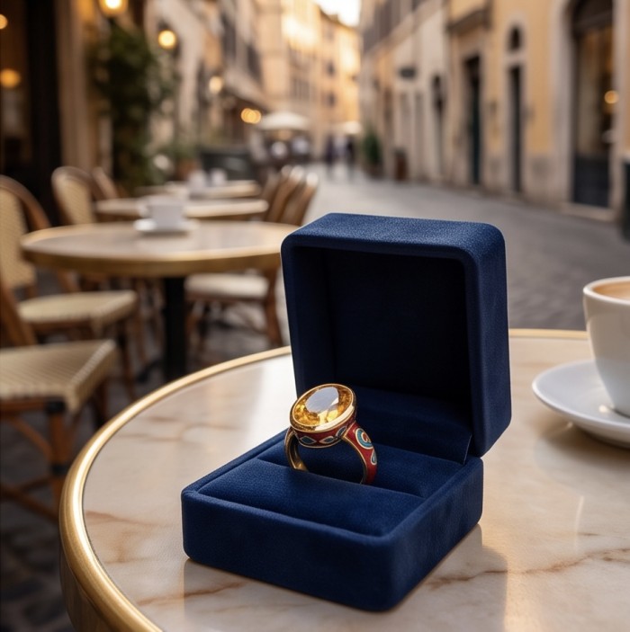 Summer time Fiesta Natural 9.8 carat Swiss Blue Topaz Enamel .925 Sterling Silver dipped in 22K Gold handmade Statement Ring size 6 - Side view of Swiss Blue Topaz ring in box on a café table.