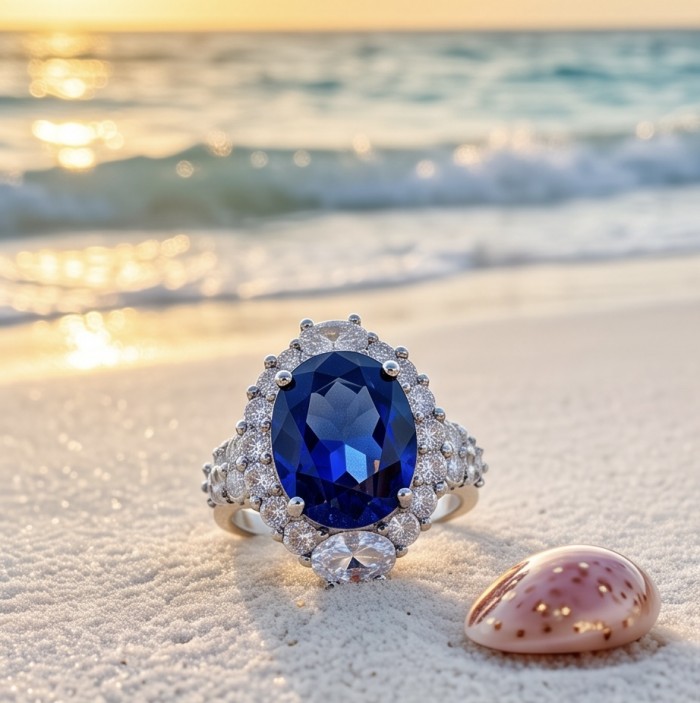 Stella oval cut 9.5 carat Sapphire .925 Sterling Silver handmade Statement ring size 7 - Close-up of a sapphire ring on beach sand at sunset.