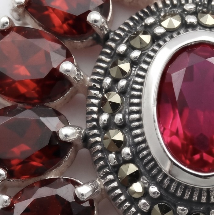 Giovanna 22.2 carat authentic Mozambique Ruby Marcasite .925 Sterling Silver handmade Pendant - Close-up of 22.2 carat Mozambique Ruby with marcasite detailing