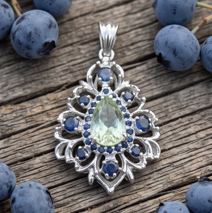 Isabel Authentic 20.2 carat Green Amethyst Sapphire rhodium over .925 Sterling Silver handmade pendant - Green amethyst and sapphire pendant close-up on wooden surface.