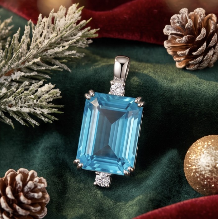 Angelina 4.9 carat authentic Aquamarine .925 Sterling Silver Handcrafted pendant - Aquamarine pendant stone close-up on holiday-themed background