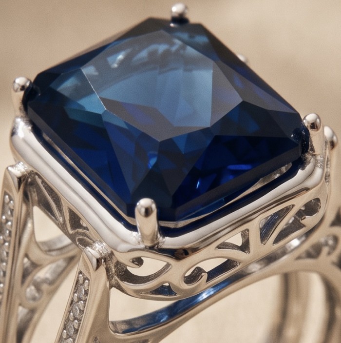 Two in one- Authentic 10.1 carat Kyanite .925 Sterling Silver handcrafted Convertible Ring size 6 - Close-up of 10.1 carat Kyanite on ornate .925 sterling silver ring.