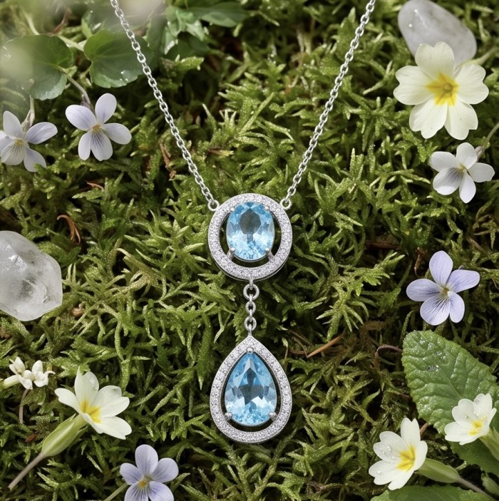 Endless Beauty 6.5 carat Swiss Blue Topaz .925 Sterling Silver Handcrafted necklace - Necklace on moss, close-up of blue topaz stones and floral accents