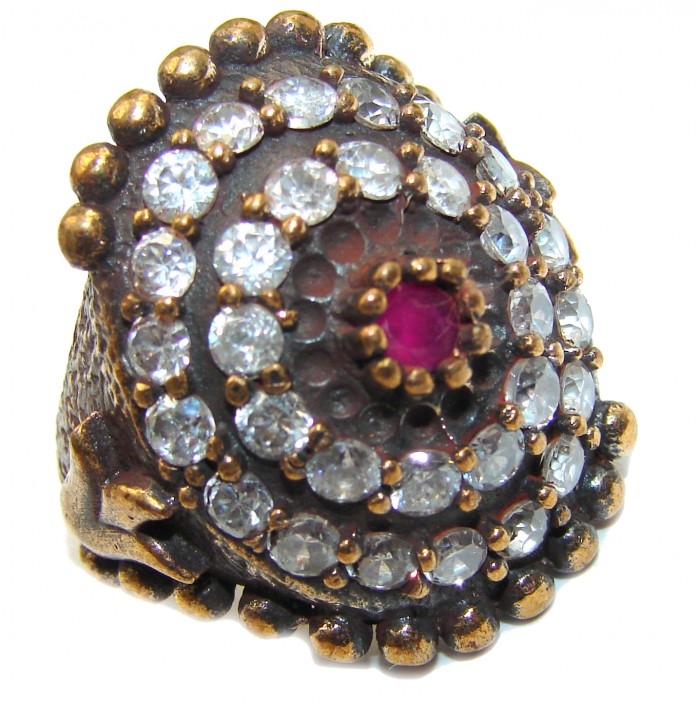 Large Victorian Style created Ruby & White Topaz Sterling Silver ring; s. 6 - photo 1