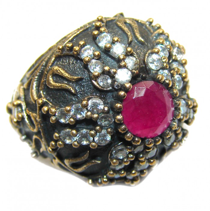 Large Victorian Style created Ruby & White Topaz Sterling Silver ring; s. 6 - photo 1