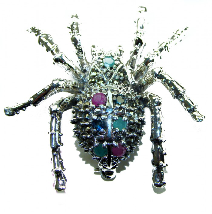 Large Black Widow Spider genuine Ruby .925 Sterling Silver handmade Pendant - Brooch - photo 3