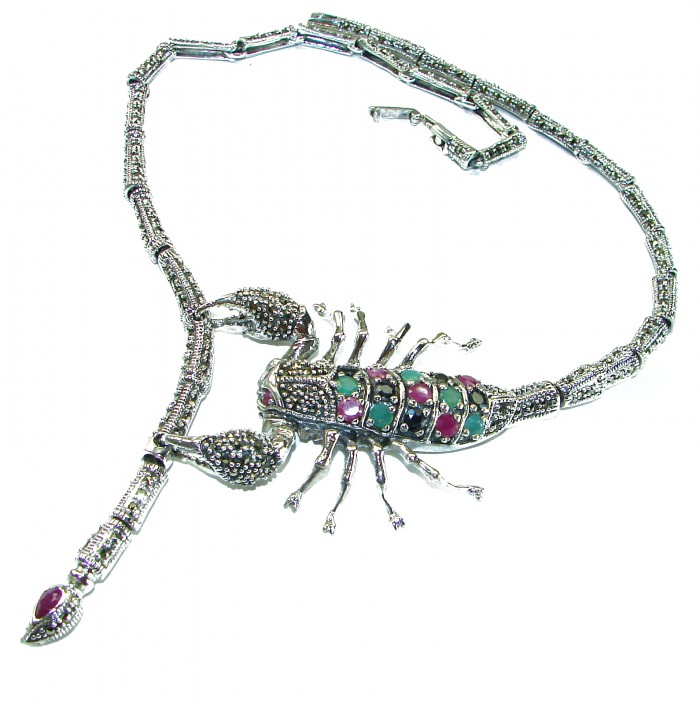 Large SCORPIO Genuine Ruby Emerald Marcasite .925 Sterling Silver handmade handcrafted Necklace - photo 3