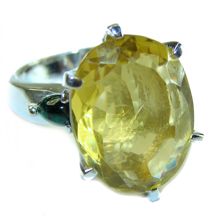 Incredible 20.5 carat Lemon Topaz .925 Sterling Silver Ring size 5 1/2 - Close-up of 20.5 carat lemon topaz ring in .925 sterling silver.