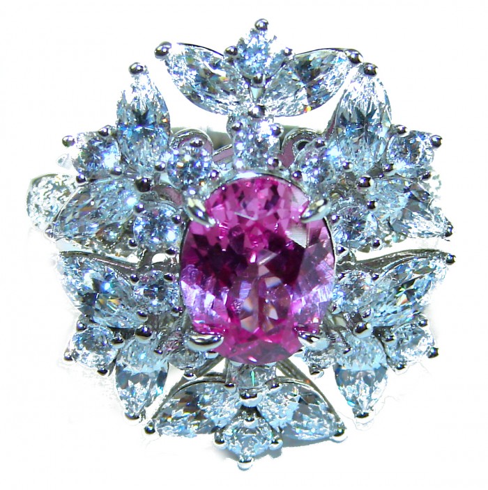 Real Beauty 3.6 carat oval cut Pink Sapphire .925 Silver handcrafted Cocktail Ring s. 7 1/4 - Close-up of pink sapphire ring set in silver with diamond accents.