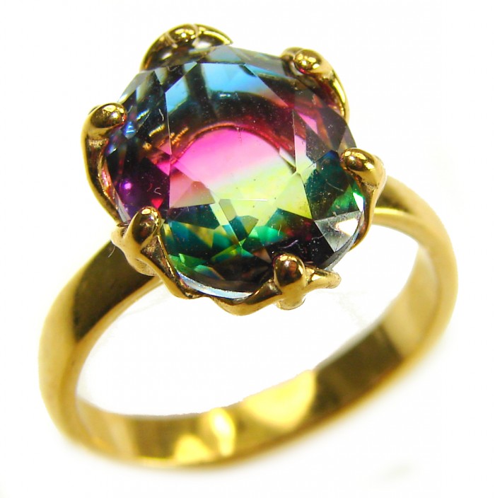 7.8 carat Brazilian Tourmaline .925 Sterling Silver dipped in 18K GOLD Perfectly handcrafted Ring s. 6 1/4 - Gold ring with multicolored tourmaline stone, top view close-up.