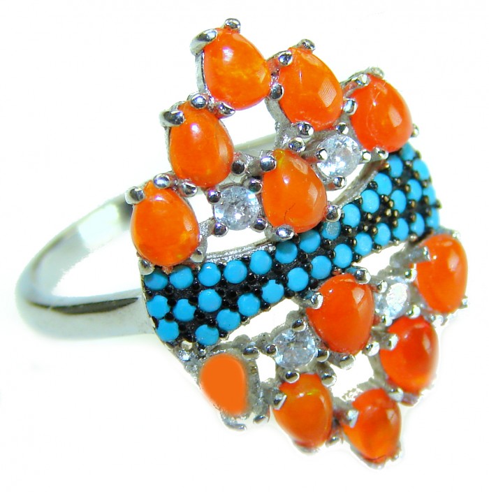 New Galaxy Genuine 5.8 carat Golden Opal .925 Sterling Silver handmade Ring size 8 - Close-up of New Galaxy opal ring with turquoise and silver details.