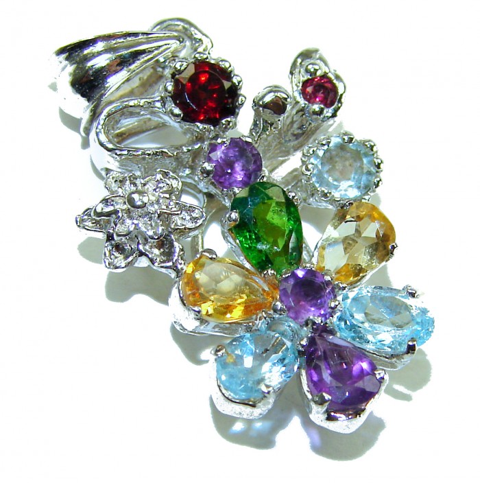 Beauty of Nature floral design 21.5 CARAT Multigem .925 Sterling Silver handcrafted pendant - Floral multigem pendant, top view, showcasing colorful gemstone details.