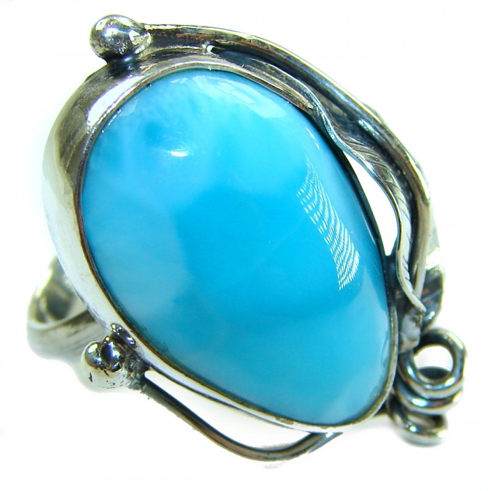 Large Blue Perfection Blue Larimar .925 Sterling Silver handmade Large ring size 8 adjustable - Close-up of blue Larimar stone in .925 sterling silver setting