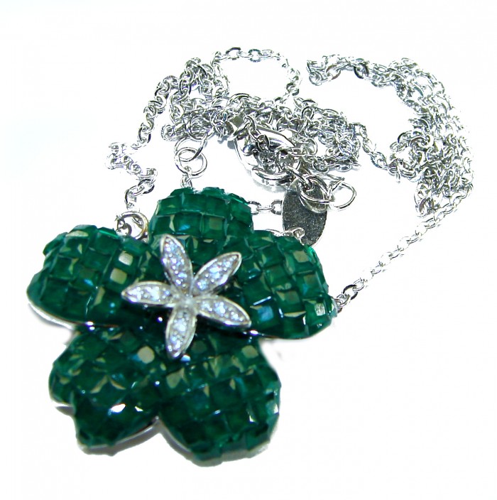 12.2 carat Graceful Authentic mystery setting Colombian Emerald .925 Sterling Silver handcrafted Statement necklace - Close-up of green floral pendant with silver chain and diamond accents