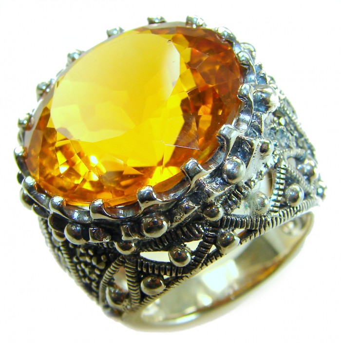 Serenity Natural 38.4 carat GOLDEN Topaz Marcasite .925 Sterling Silver handmade Large Statement Ring size 8 - Close-up of golden topaz ring with marcasite accents in silver setting.