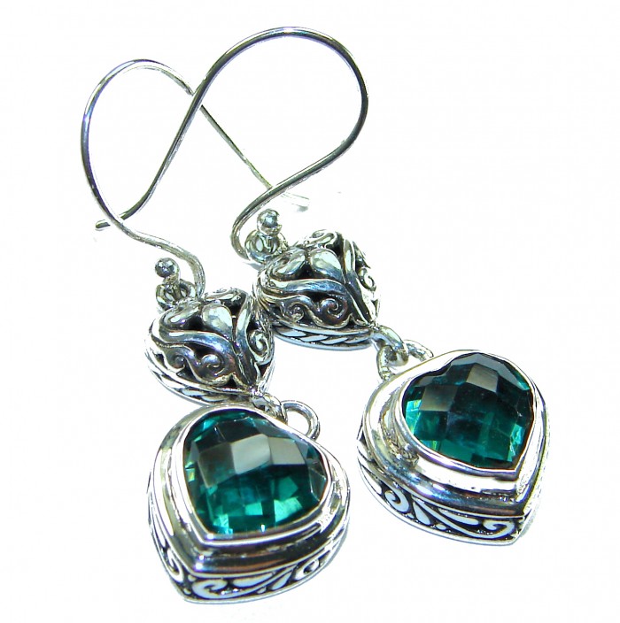 Green Heart Authentic 6.5 CARAT Chrome Diopside .925 Sterling Silver handcrafted earrings - Close-up of green heart earrings with intricate silver detailing
