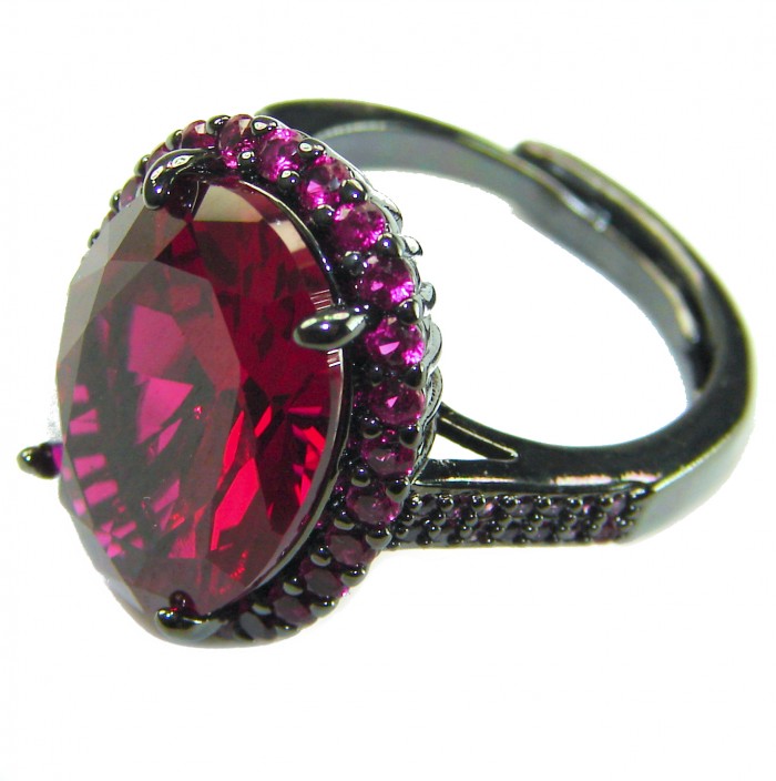 Matilde - Natural 12.8 carat Mozambique Garnet BLACK RHODIUM .925 Sterling Silver Handcrafted Statement Ring size 7 adjustable - Close-up of Matilde ring with Mozambique garnet and black rhodium setting.