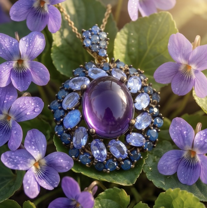 Mademoiselle - 10.4 carat natural Amethyst .925 Sterling Silver dipped in 22K White Gold handcrafted Pendant - Close-up of amethyst necklace, surrounded by purple flowers.