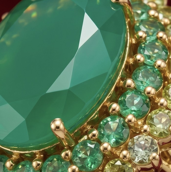 Elizabeth oval cut 14.4 carat Colombian Emerald 8.2 carat Peridot .925 Sterling Silver dipped in 22K Rose Gold handcrafted Ring size 6 3/4 - Close-up of Elizabeth oval cut Colombian emerald with gold setting.