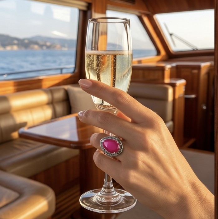 Carmen Natural 18.4 carat Ruby .925 Sterling Silver handmade Large Statement Ring size 8 - Ruby ring on hand holding champagne glass on boat interior.