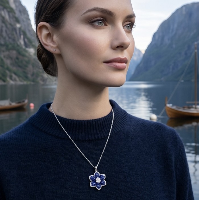 Precious Sapphire - authentic mysery setting 8.2 carat Sapphire .925 Sterling Silver Eternity handcrafted PENDANT - Model wearing Precious Sapphire pendant against a scenic lake backdrop.