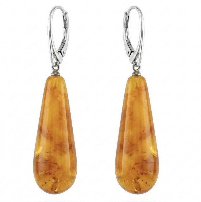 Very Special product - Wonderful natural Buttescotch Baltic Amber .925 Sterling Silver entirely handcrafted earrings - Close-up of amber teardrop earrings with silver leverback clasps.