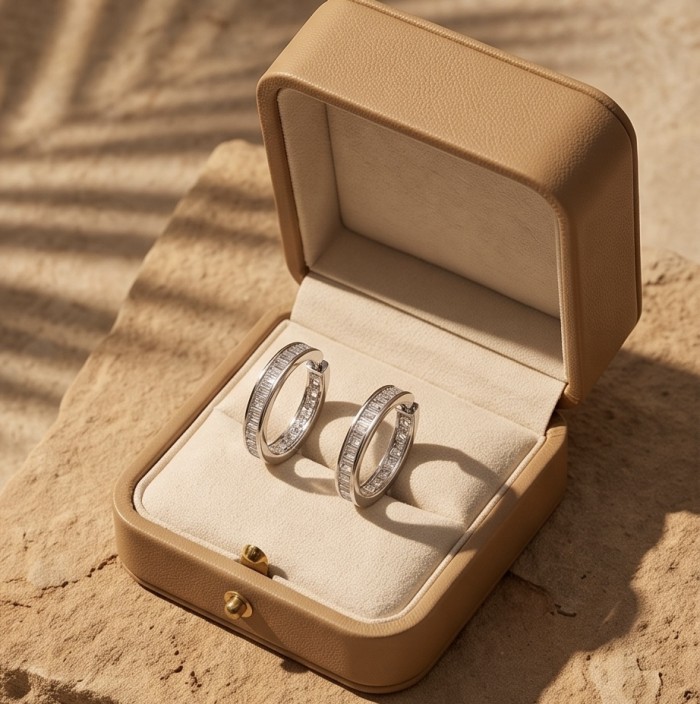 Allure Natural 8.2 carat White Topaz .925 Sterling Silver handcrafted hoop earrings - Pair of hoop earrings in a jewelry box, top view.