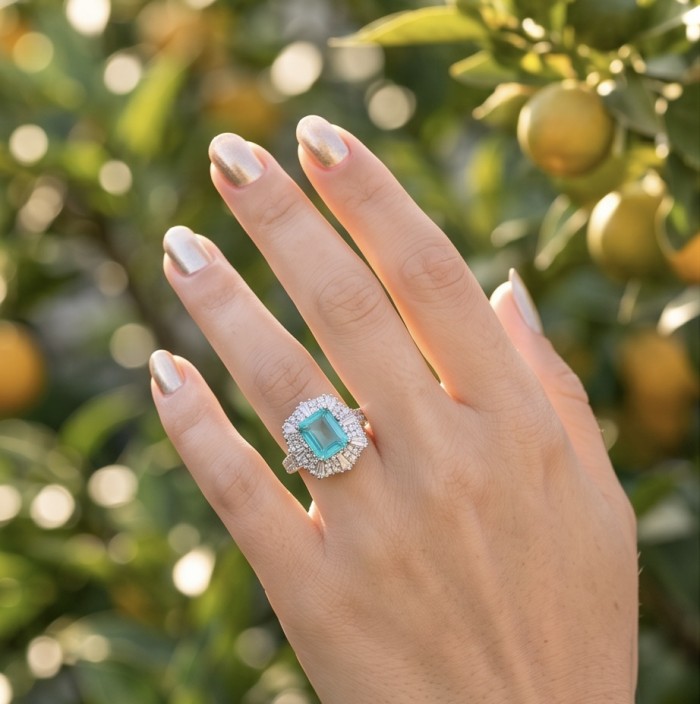 Wonderland 9.5 carat Brazilian Paraiba Tourmaline .925 Sterling Silver Handcrafted Ring size 7 - Worn on hand: 9.5 carat Brazilian Paraiba Tourmaline ring with halo setting.