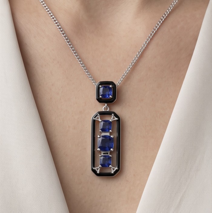 8.5 carat Art Deco Sapphire black enamel .925 Sterling Silver handcrafted Pendant - Sapphire pendant necklace worn on neck, front view.