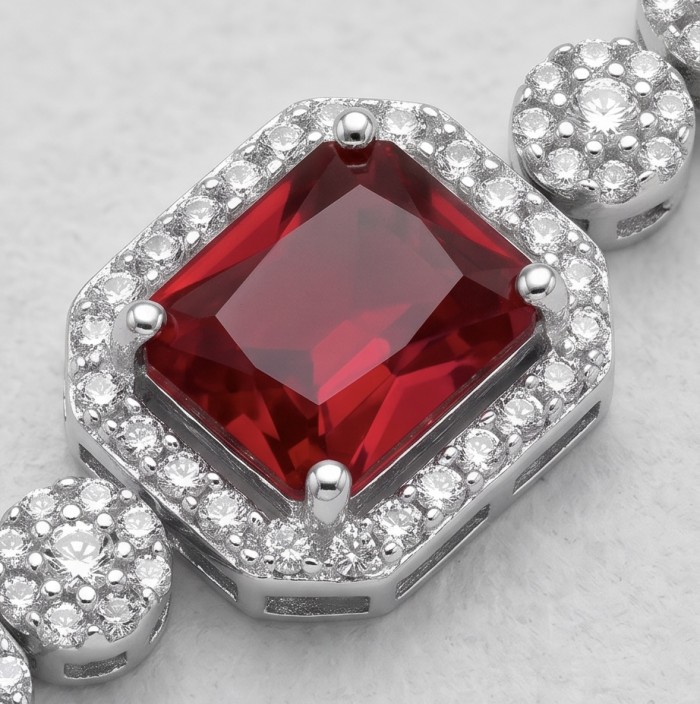Serafina - Magnificent Jewel 9.8 carat Ruby .925 Sterling Silver handcrafted incredible Statement Bracelet - Close-up of Serafina 9.8 carat ruby in .925 sterling silver setting.