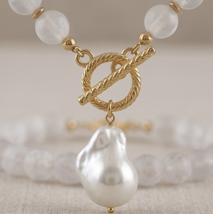 Strawberry - Rose Quartz 14K Rose Gold over .925 Sterling Silver .925 Sterling Silver Necklace - Close-up of toggle clasp and pearl detail on strawberry quartz jewelry.