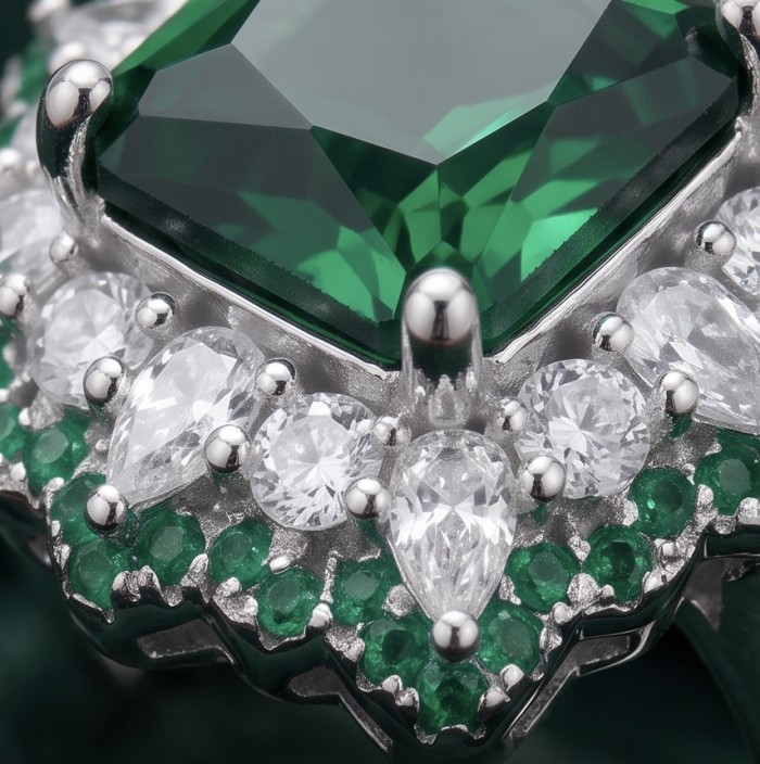 Luxurious asscher cut 7.9 carat Emerald .925 Sterling Silver rhodium over handcrafted Ring s. 7 1/2 - Close-up of asscher cut emerald with diamond accents on sterling silver.