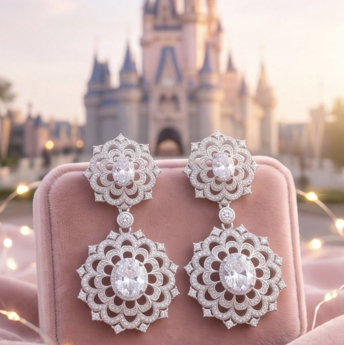 Modern design Natural 14.5 carat White Topaz rhodium over .925 Sterling Silver handcrafted earrings - White topaz earrings with intricate design on pink background, front view.