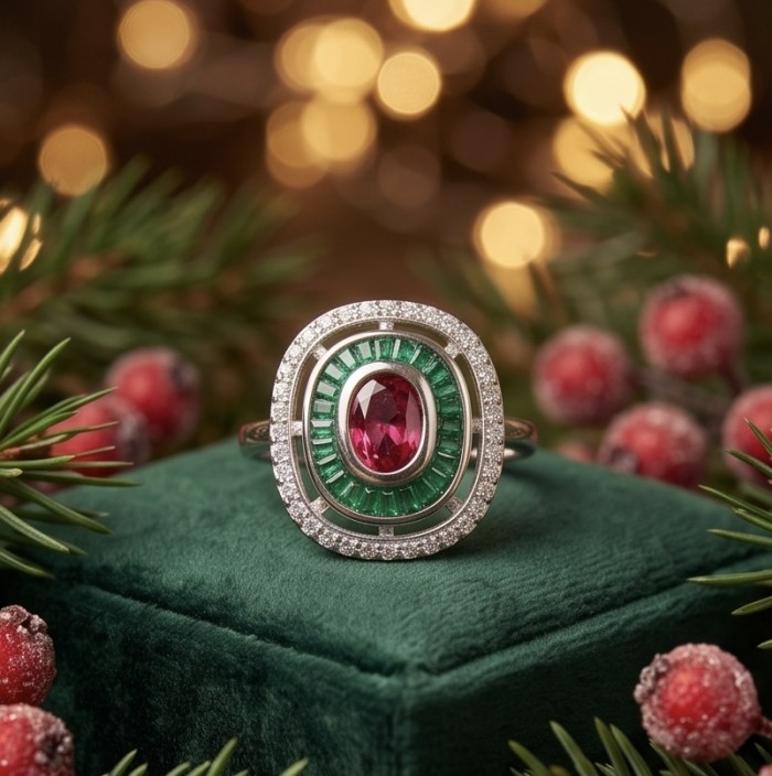Art Deco 8.6 ctw Ruby Rhodium plated .925 Sterling Silver handcrafted Statement Ring size 8 - Close-up of Art Deco ruby ring on green velvet with festive background