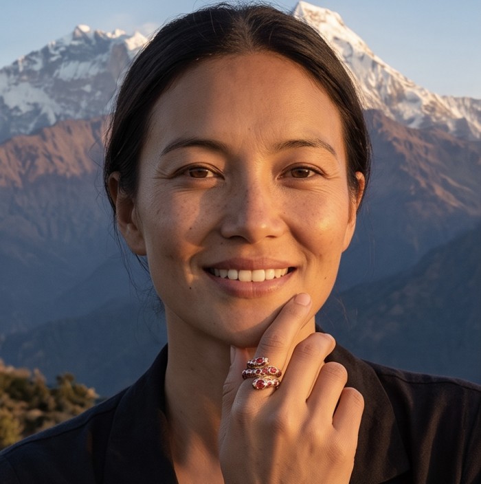 Red Snake Ruby Enamel 18K Gold over 3.5 carat Ruby 22K Gold over .925 Sterling Silver Huge handcrafted Ring s. 6 - Woman wearing Red Snake Ruby Enamel ring, mountains in background