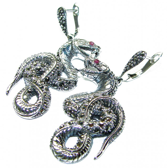Snakes Ruby Marcasite .925 Sterling Silver handcrafted Earrings - photo 2