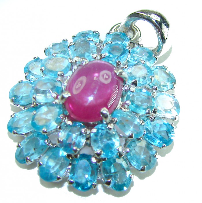 Magnificent Jewel 18.5 carat Ruby Swiss Blue Topaz .925 Sterling Silver handcrafted incredible Statement Pendant - Close-up of Magnificent Jewel 18.5ct Ruby and Blue Topaz Pendant