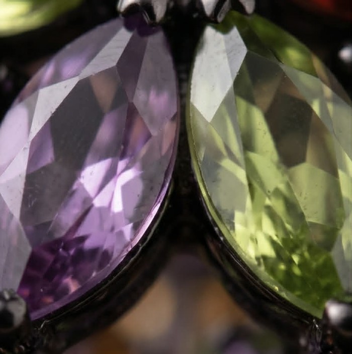 Serenity - Authentic 10.5 carat Multigem black rhodium over .925 Sterling Silver handcrafted earrings - Close-up of multigem stones in black rhodium setting, Serenity jewelry.