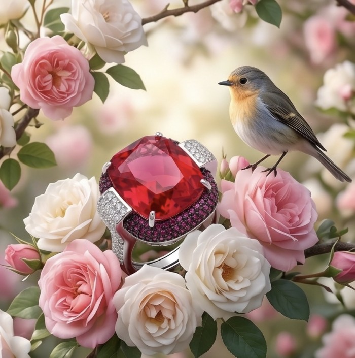 Art Deco 18.6 ctw Red Topaz black enamel .925 Sterling Silver handcrafted Statement Ring size 7 adjustable - Red topaz ring with bird on roses, close-up view.