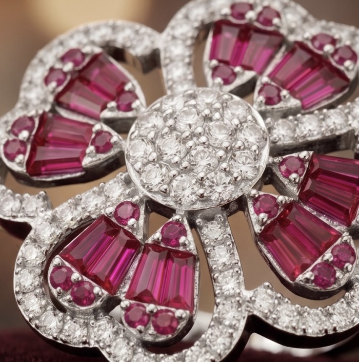 Art Deco 8.6 ctw Ruby .925 Sterling Silver handcrafted Statement Ring size 7 - Close-up of Art Deco ruby and diamond sterling silver jewelry detail.