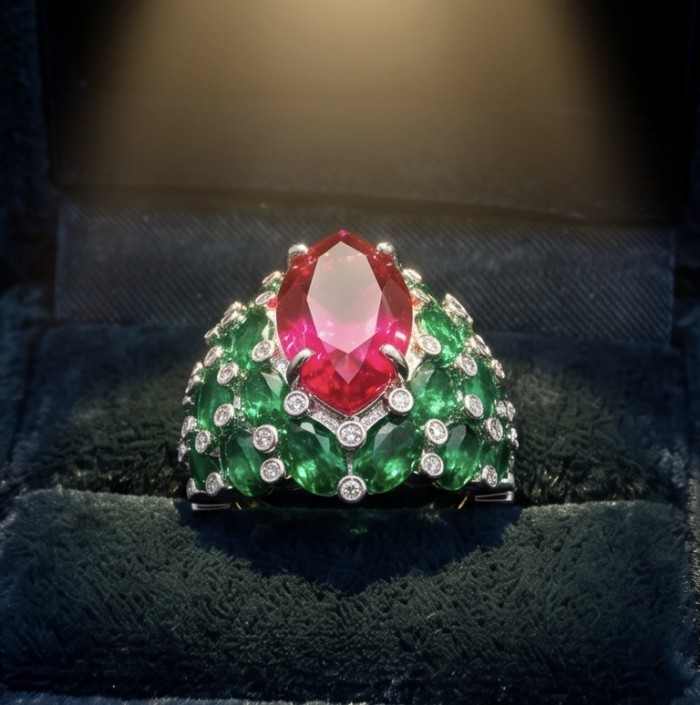 Giovanna 28.6 carat Ruby Emerald .925 Sterling Silver dipped rhodium handmade Huge Statement Ring size 9 1/4 - Ruby and emerald ring top view in jewelry box, 28.6 carat, sterling silver.
