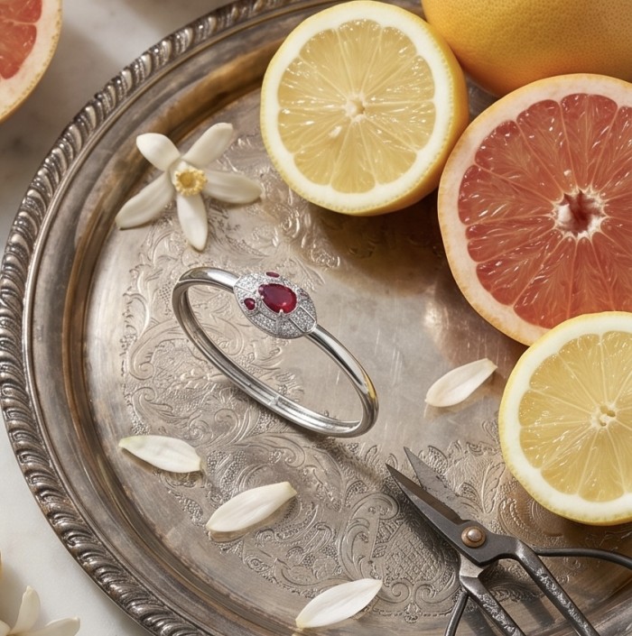 Precious Boa Snake Genuine 0.7 carat Garnet .925 Sterling Silver dipped rhodium handcrafted Bracelet - Bracelet with garnet on a tray with citrus and petals, top view.
